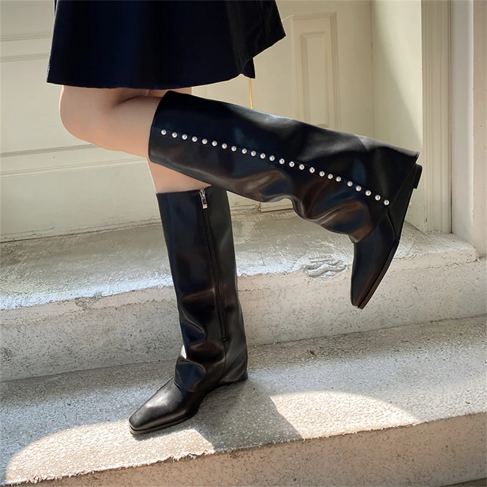 FEDONAS Ins Fashion Genuine Leather Knee High Boots Pearl Party Wedding Shoes Woman Slip On Women High Boots Autumn Winter Shoes