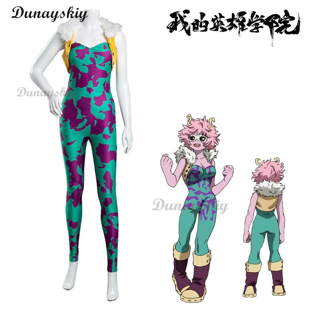 Anime My Ashido Mina Pinky Cosplay Costume Hero Mina Wig Printing Jumpsuit Academia Headwear Woman Halloween Carnival Customized