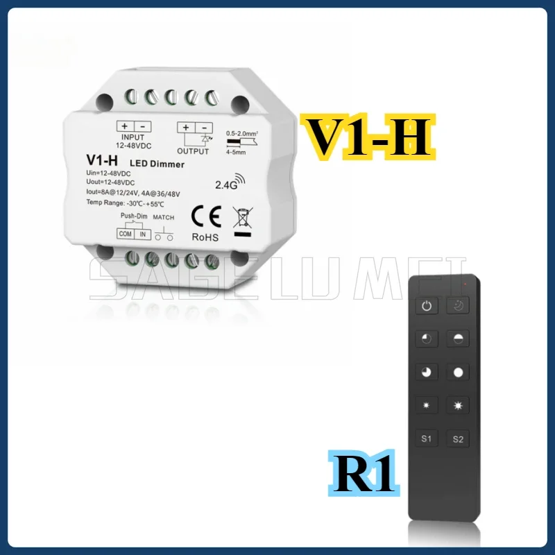 Skydance 12-48VDC V1-H 1CH*4A/8A RF Controller Push-Dim Wall Box Mounting 1 Zone Dimming Remote R1 Dimming For LED Strip Light