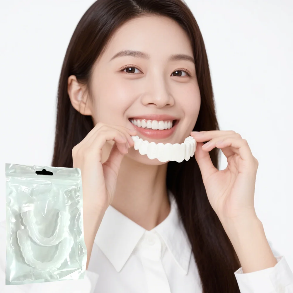 

4set Unisex Fake Teeth Set, 4Top+4Bottom Silicone Veneers with Storage Case