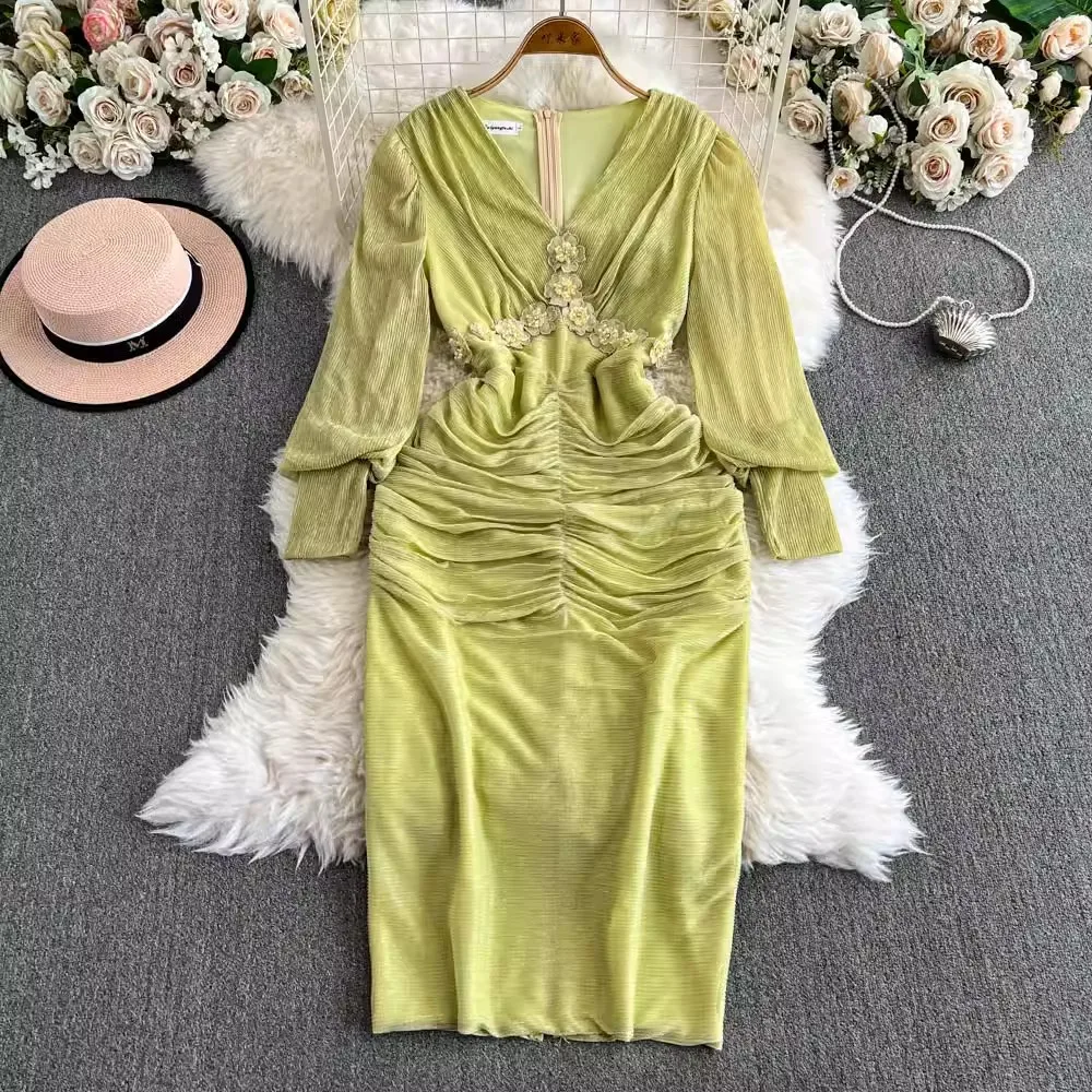 Green Elegant Shirring Dress Women Lantern Sleeve V-neck Streetwear Dresses Bodycon Evening Party Business Clothing Lady