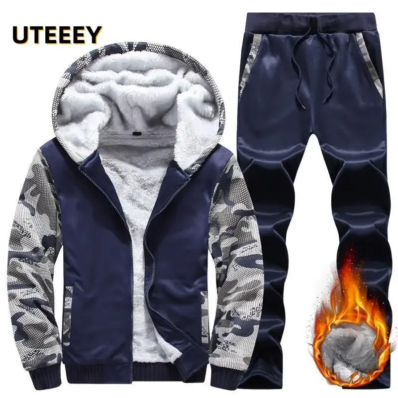 UETEEY Winter Tracksuit Men Sets Fleece Thicken Warm Cardigan Hoodies Pants Man Sport Running Hooded Jacket Male Sportswear 2024