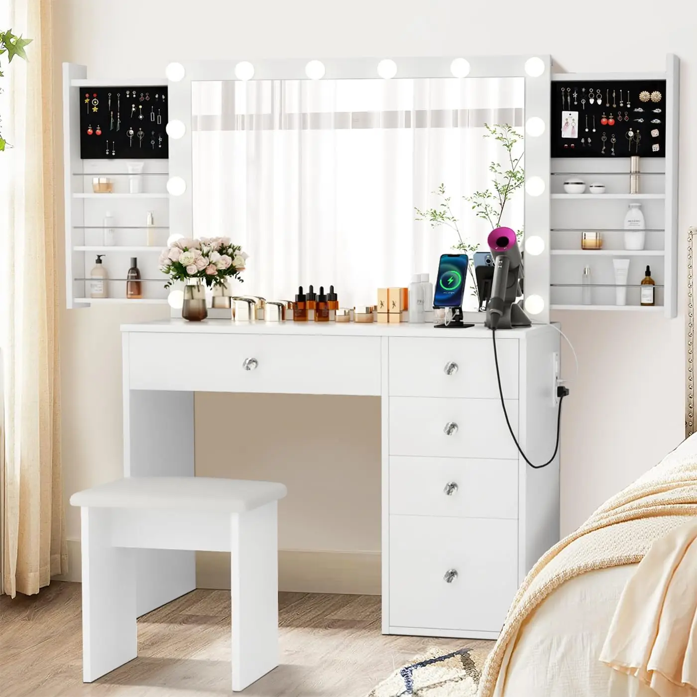 

SMOOL Makeup Vanity Desk with Lighted Mirror & Power Outlet & 5 Drawers, Vanity Table with 3 Lighting Modes Brightness