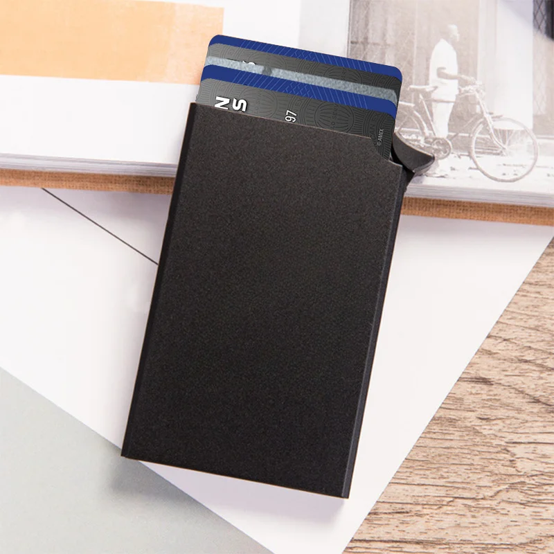 = محفظة ألومنيوم رفيعة تحجب RFID للرجال والنساء - أسود مع تصميم لطيف على شكل قطة، حامل بطاقات منبثقة، حماية ضد السرقة، I #6