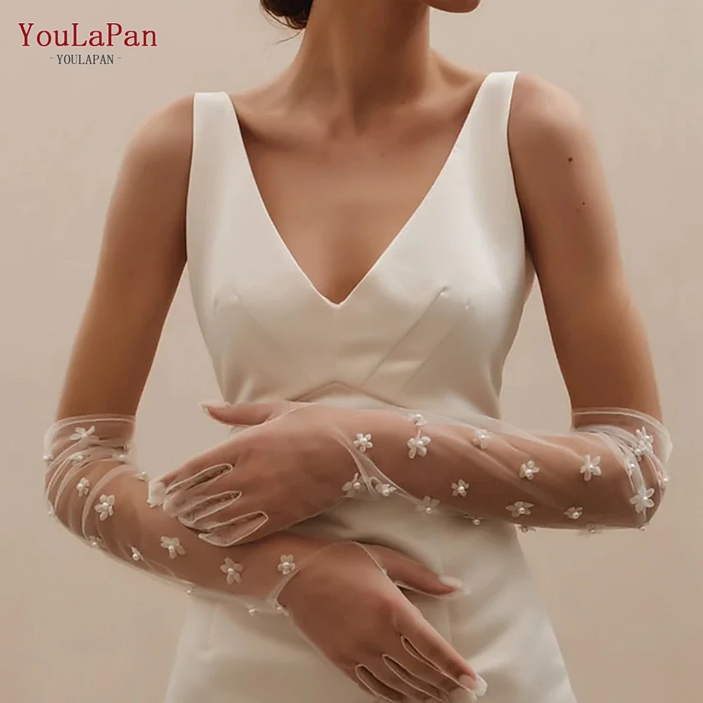 YouLaPan VM14 Bridal Gloves Pearl Flower Wedding Gloves Transparent Long Above the Elbow DIY Tulle Bridal Accessories