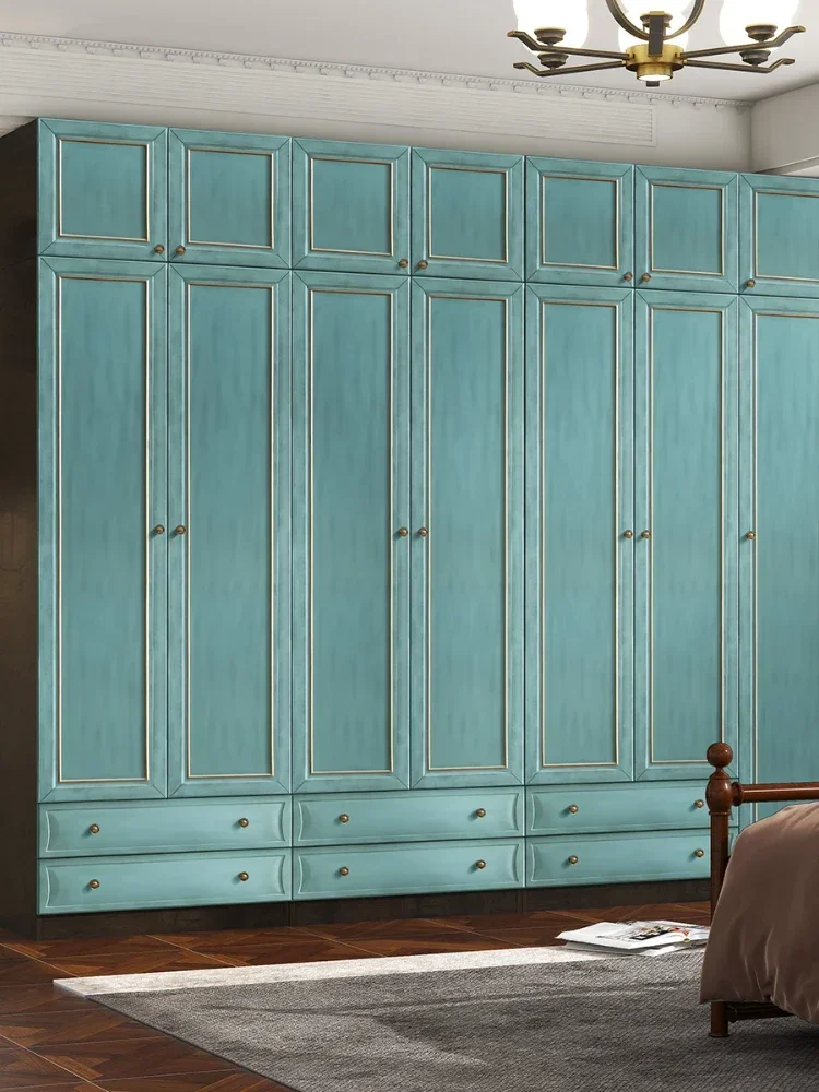 Country Wardrobe Bedroom Retro Distressed Storage Cabinet Three-Door Three-Bucket Wardrobe