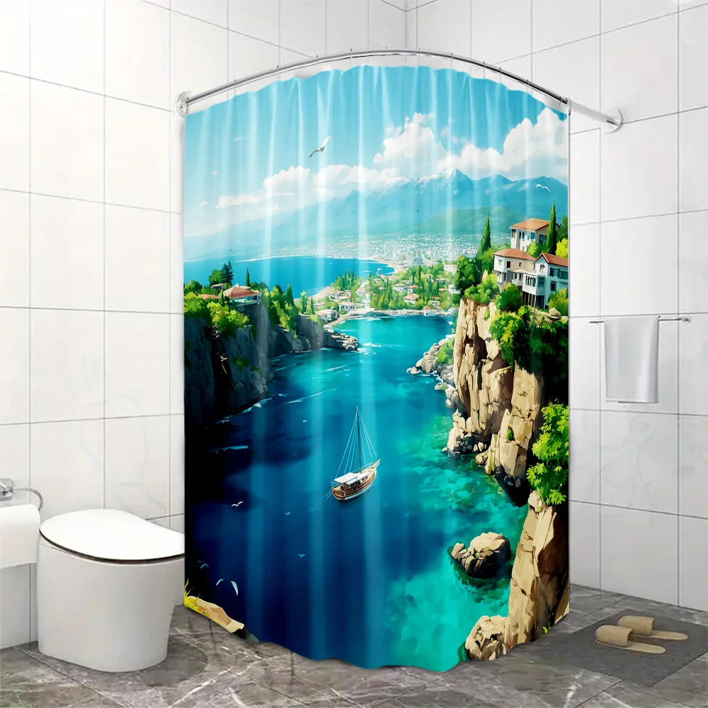 

1 шт. прибрежная занавеска для душа для ванной комнаты - очень большая 70x70 дюймов океанская скальная лодка с бирюзовой водой