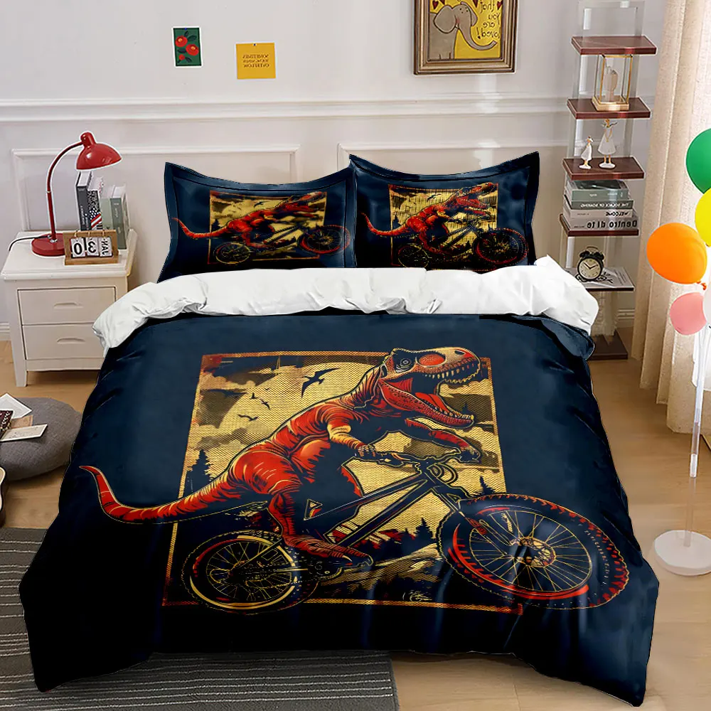 3pcs T-Rex Riding a Mountain Bike Duvet Cover Set with 3D Printing Design Soft Polyester Bedding Set All-Season Comfort