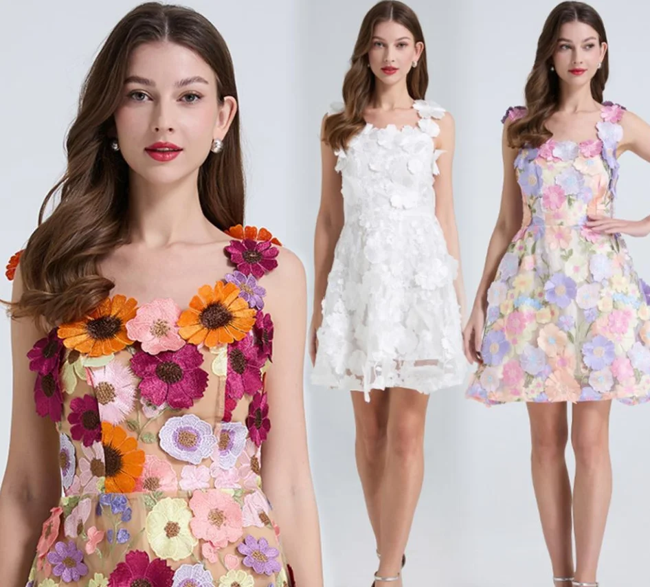 

Summer Holiday Hollow Out Flower Embroidery Dress Women's Square Collar Sleeveless Mesh Flower Bohemain MIni Robe Vestidos