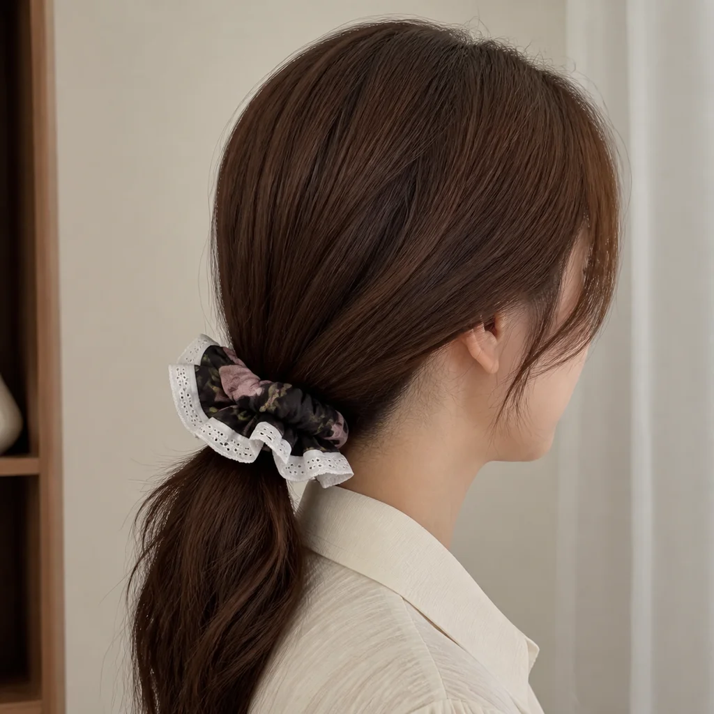 XYPP-89 Handmade Pattern Single-Layer Scrunchie Handmade Elastic Hair Tie for Ponytail and Bun, Soft Gathered Hair