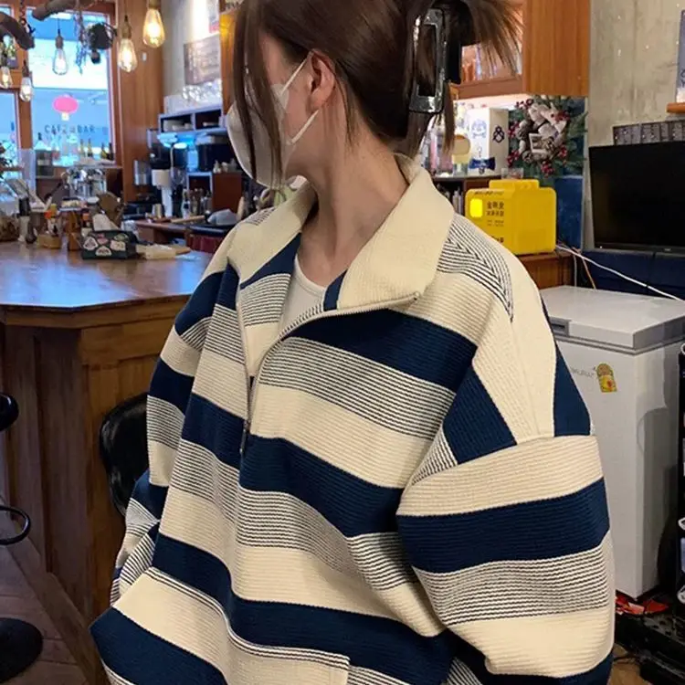 American Retro Plus Size 300 Pounds Fat Mm Half Zipper Striped Sweatshirt Loose Long Sleeved Slimming Jacket