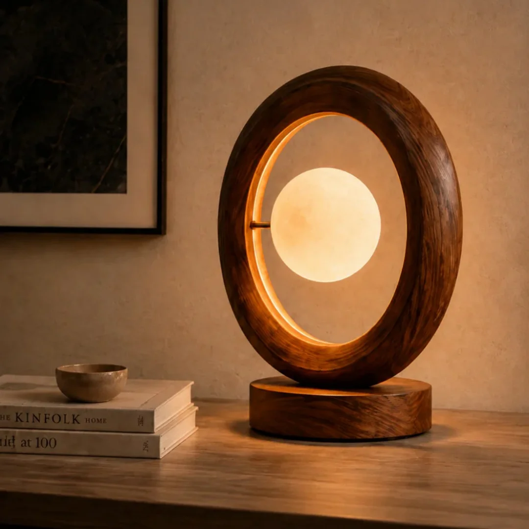 Round Framed Lunar Tabletop Decoration, With Natural Wood Grain A Zen-style Bedroom Hotel Wooden Handicraft Decorative Gift
