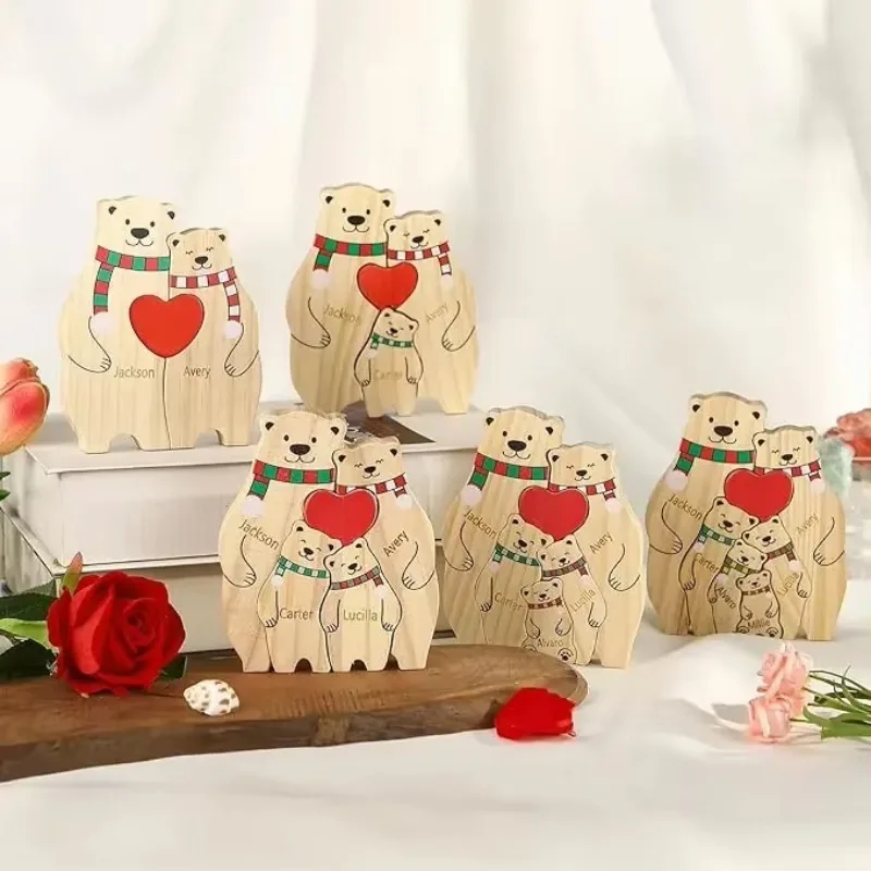 Christmas Wooden Bear Puzzle Family Cute Bear Ornament Carved Name Winter Home Ornament Personalized Ornament Gift for Mother