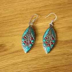 ER205 Ethnic Tibetan Silver Turquoises Stone Leaf Dangle Earring