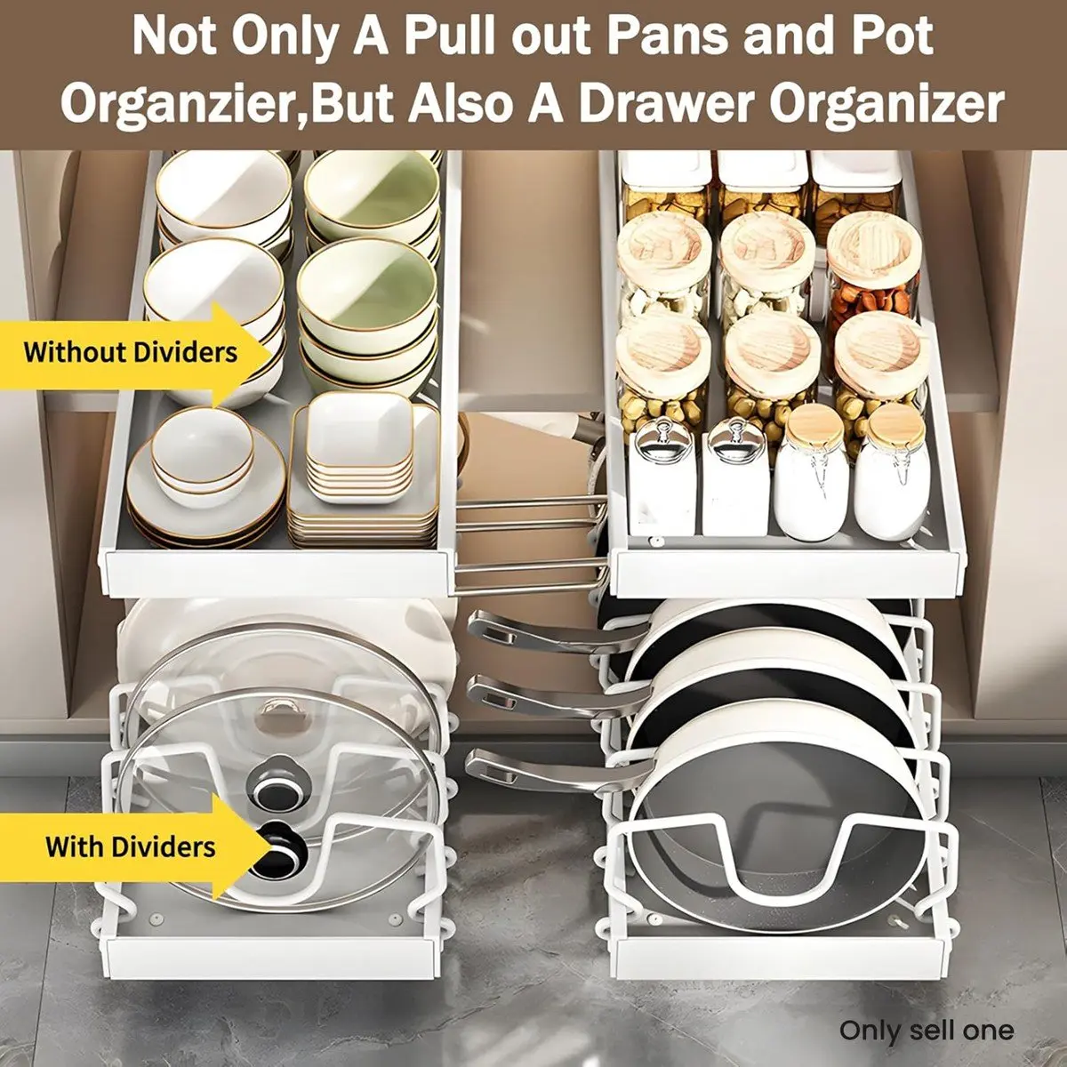 

Выдвижной органайзер для кастрюль и сковородок для под выдвижным органайзером для шкафа, держатель для крышки кастрюли, регулируемые перегородки