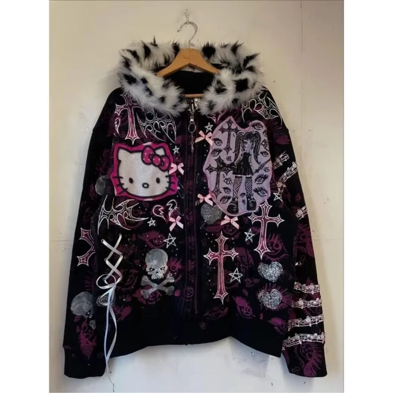 Y2K Gothic Hello Kitty Zip Up Hoodie Leopard Faux Fur Collar Cross Skull Graphic Jacket Pink Bow Lace Ribbon Decor Sweatshirt view 5