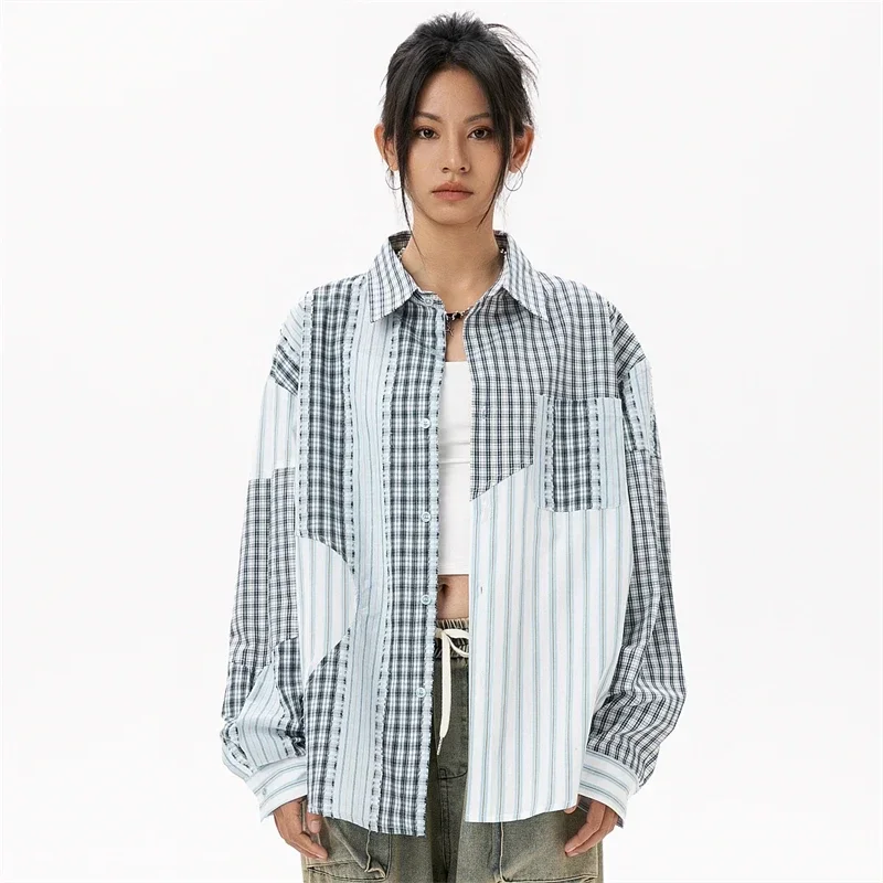 Women\'s Plaid Shirt High Quality Plus Size Blouse Women Korean Style Women\'s Clothing Trend 2024 Patchwork Fashion Ladies Tops