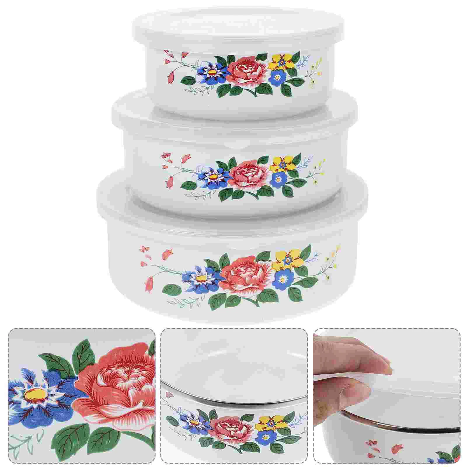 

3 Pcs Fresh-keeping Enamel Bowl Salad Food Container Vintage Serving Storage Mixing Refrigerator Preservation Bowls Office