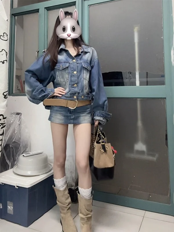 

Retro American Spicy Girl Denim Set Women's Loose Slimming Jacket High Waist Short Skirt Pants Two-Piece Set for Autumn Winter