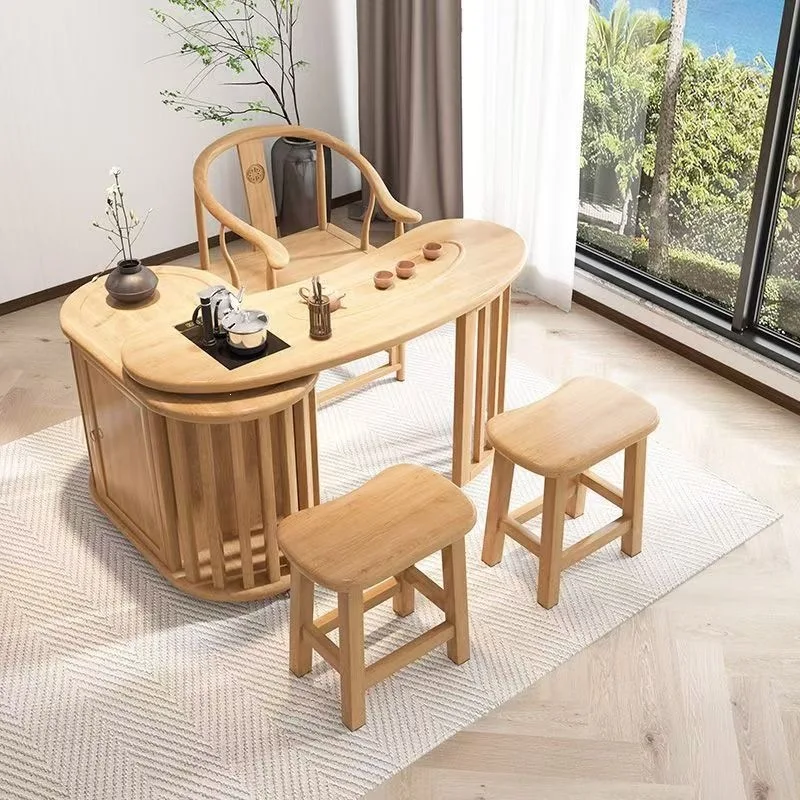 Natural Wood Color Balcony Table and Chair Combo for Living Room and Home Use, Movable, New Chinese Rotating Coffee Table