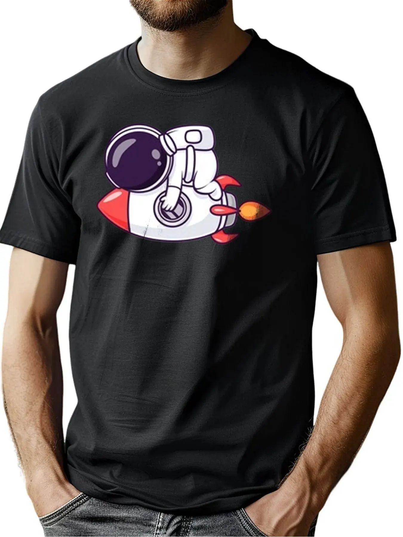 

Мужская хлопковая футболка с принтом астронавта и ракеты для подарка на день рождения, мягкая рубашка с круглым вырезом для активного отдыха, топ, который можно стирать в машине