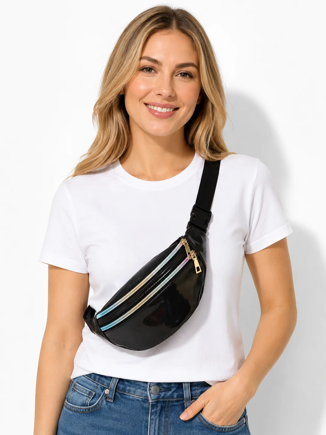 Reflective Holographic Waist Bag for Women Festival Crossbody Chest Pack Adjustable Belt Bag