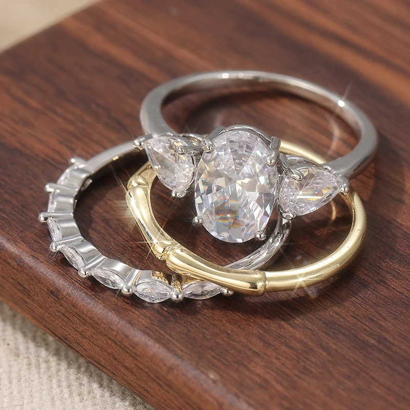 Modisches zweifarbiges, mit weißen CZ-Steinen besetztes Damen-Ringset, geometrischer Schmuck für den täglichen Gebrauch und Partys – Detail 3