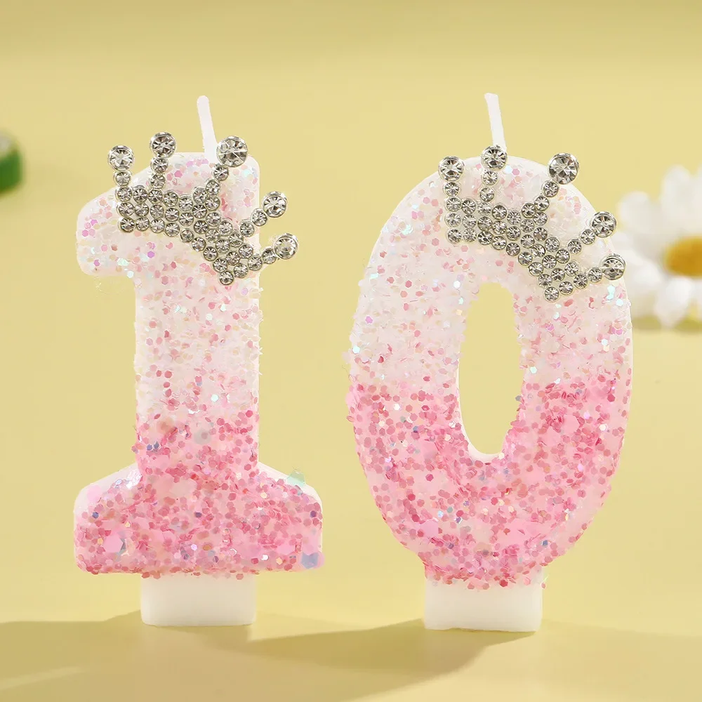 Pink glitter digital birthday candle, diamond crown design, digital cake decoration candle, suitable for princess parties