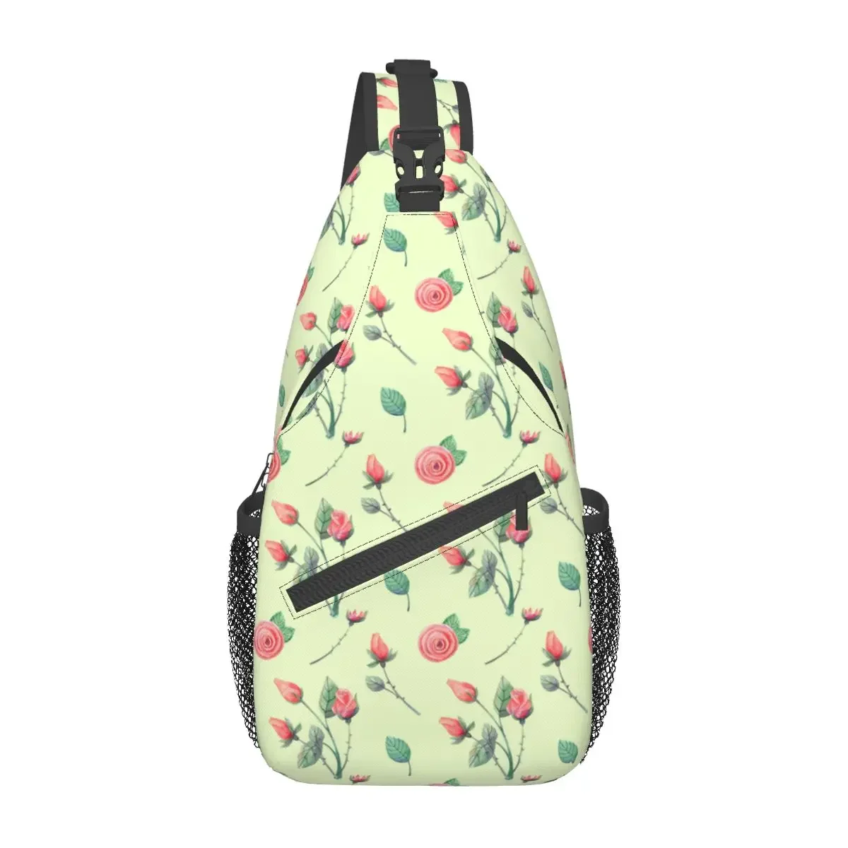 Green With Flowers Small Sling Bags Chest Crossbody Shoulder Sling Backpack Outdoor Hiking Daypacks Pink Flower Men Women Pack