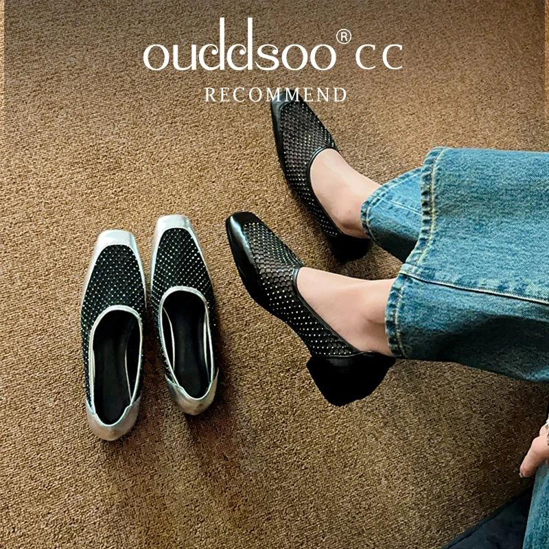 

Ods Handmade Genuine Leather Mid Heels Buckle Cut-Outs Summer Ladies Shoes Fashion Low Heels Ladies Party Dress Shoes Silver