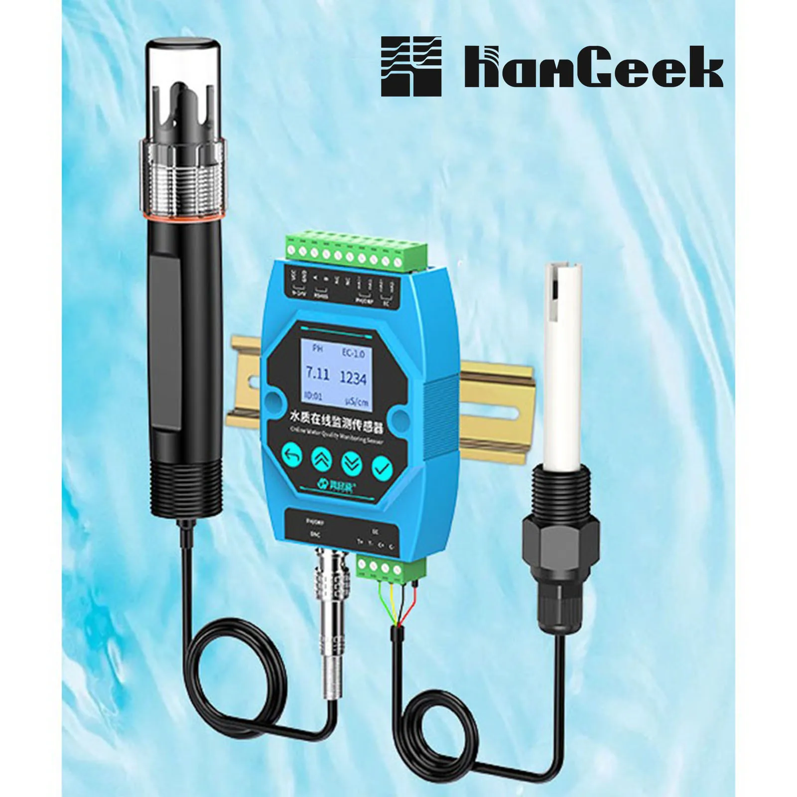 HamGeek PH/EC/Water Temperature/TDS/Salinity 5-IN-1 Sensor Water Quality Online Tester RS485/4-20mA with Screen