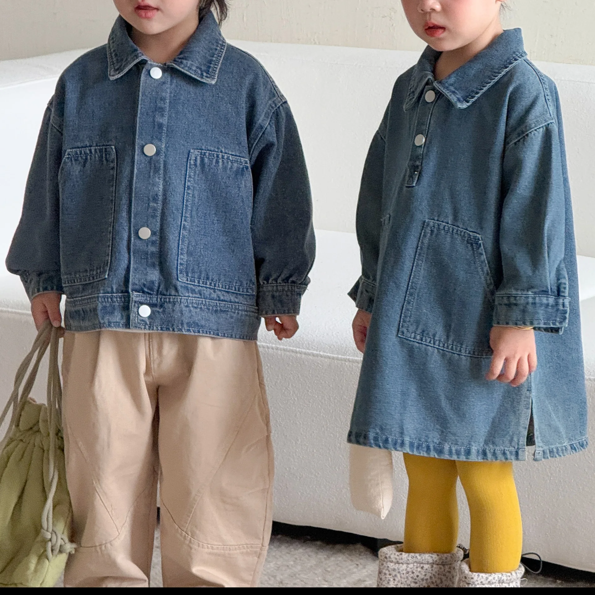 2026 Autumn New Girls Long Sleeve Denim Dress Children Clothes Boys Lapel Jacket Casual Coat Kids Brother Sister Clothing