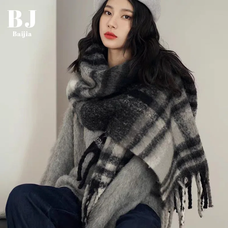 

Rainbow Checkered Scarf with Tassel Fringe, Boho Festival Scarf, Warm Mohair Blend Winter Wrap, Unisex Plaid Cozy Scarf