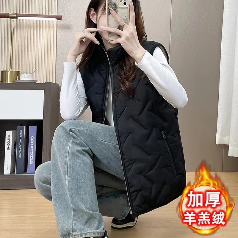 Autumn Winter Lamb Cashmere Warm Loose Women's Down Cotton Vest Jacket Add Velvet 2025 Be All-match Ladies Waistcoat Coat