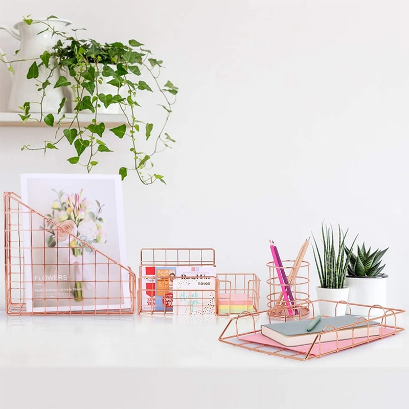 Bookshelf Office Desktop Rose Gold Metal Book Block Three Layer Desktop Magazine Shelf Book Holder