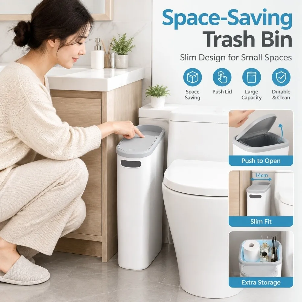 Slim Narrow Gap 10L Home Trash Can with Lid Press Type Bathroom Garbage Bin Large Capacity Seamless Living Room Dustbin