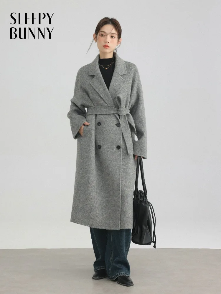 

Elegant Wool Long Coat for Women Vintage Lapel Double-Faced Overcoat Soft Loose Fit Winter Outerwear Casual Warm Wool Jacket