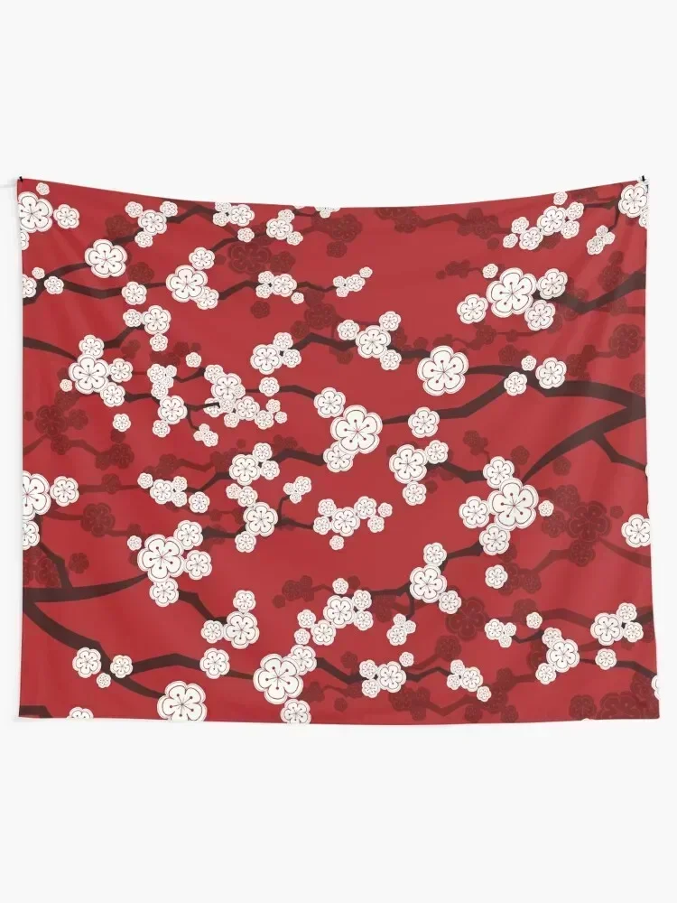 White Oriental Cherry Blossoms On Red | Zen Japanese Sakura Flowers ? fatfatin Tapestry Home Decorators Tapestry