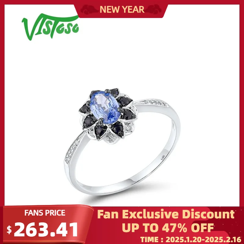 VISTOSO Gold Ring For Woman Genuine 14K 585 White Gold Oval Ceylon Sapphire Diamond Elegant Blue Flower Gift Trendy Fine Jewelry