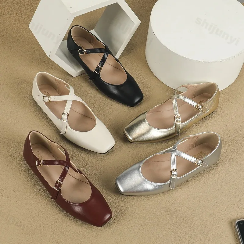 

Low Heeled Mary Jane Single Shoes 2025 Women Shoes Retro Shallow Ballet Shoes Cross Buckle Shallow Soft Sole Flats Plus Size 44