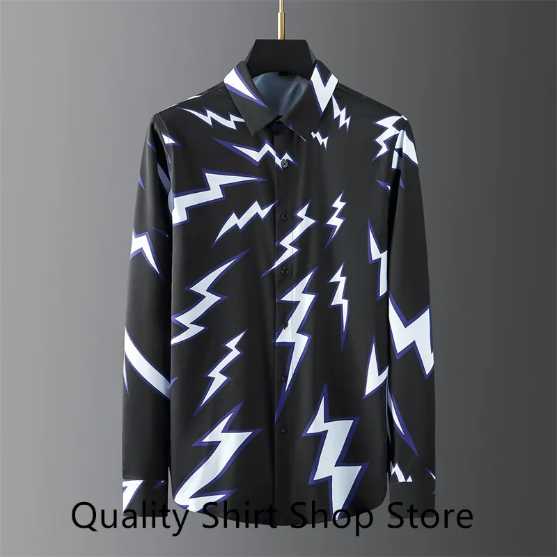 

Men's Shirt Slim Fit Stretch Collar Stretch Band White Lightning Print Men's Casual Dress Shirt Button Up Single Breasted Top