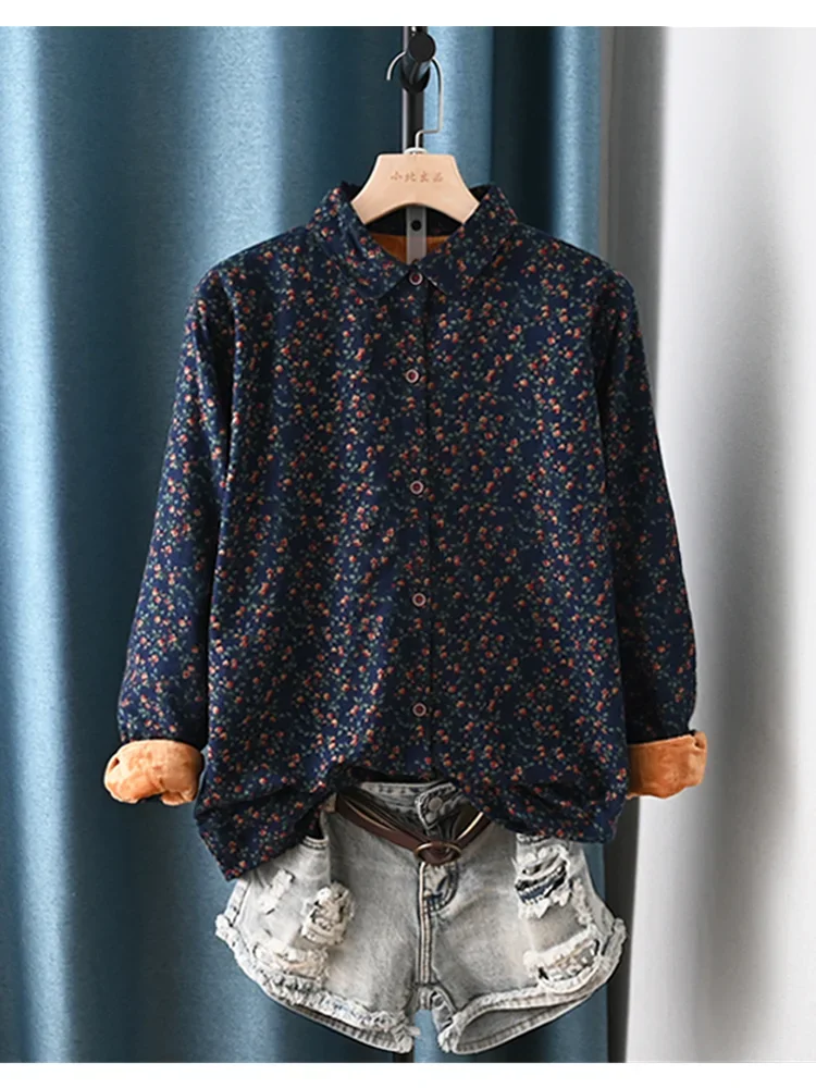 -Vintage Blouse with Little Flowers Print, Thick Long Sleeve, Winter