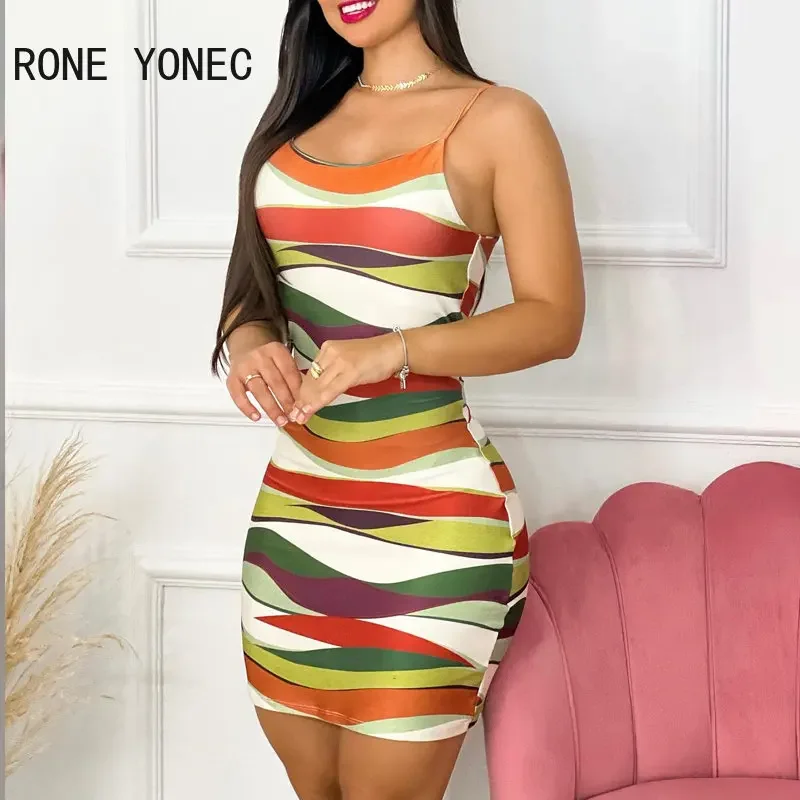 2023 Womenall Over Print Spaghetti Straps Sexy Bodycon Mini Casual Dresses