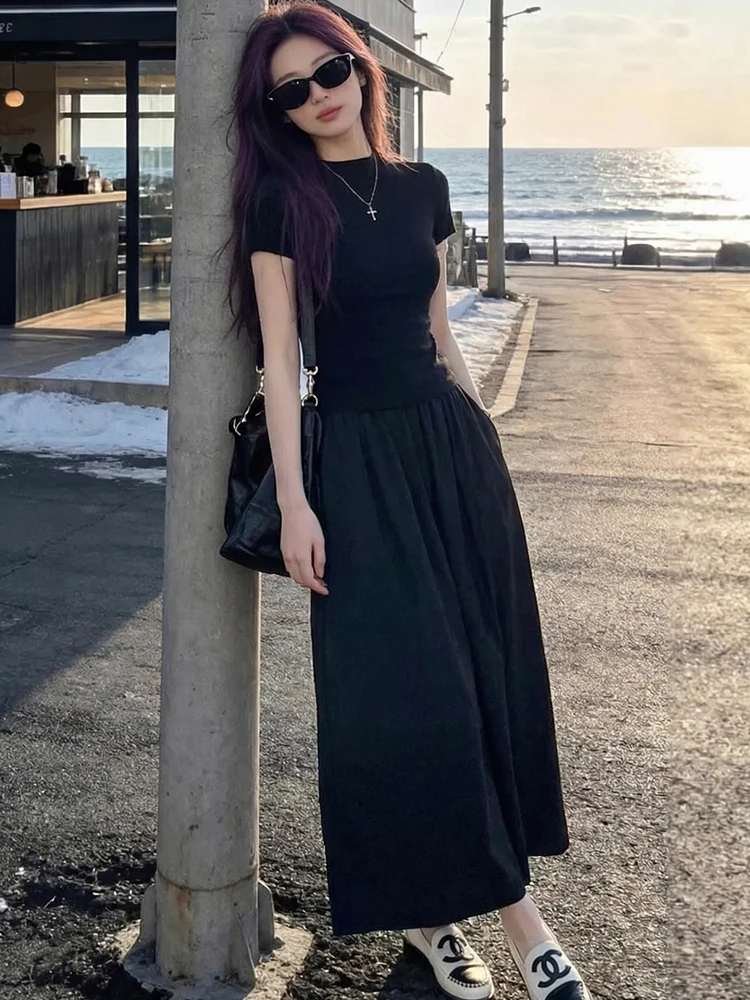 

Faionable 2026 Summer Women's ort Sve T-irt And f-length Skirt Two-piece Set Ele Casual Outfit Student Work U...