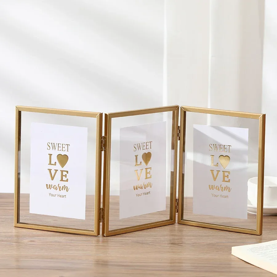Foldable Metal Triple Photo Frame, Gold and Black Decorative Picture Frame, Creative, 4 in, 6 in, 7 in