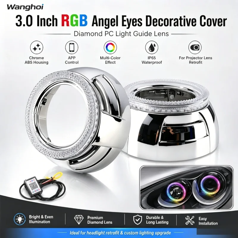 5D APP Control 3.0inch RGB LED Angel Eyes Headlight Shroud For Hella Koito Q5 Bi-LED Projector Lens Mask Cover 12V 24V