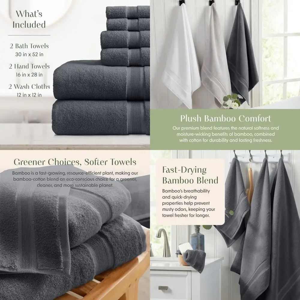 

Набор из 6 банных полотенец из бамбуковой вискозы и хлопка | Впитывающий и быстросохнущий | Сертифицировано Oeko-TEX | Железно-серый