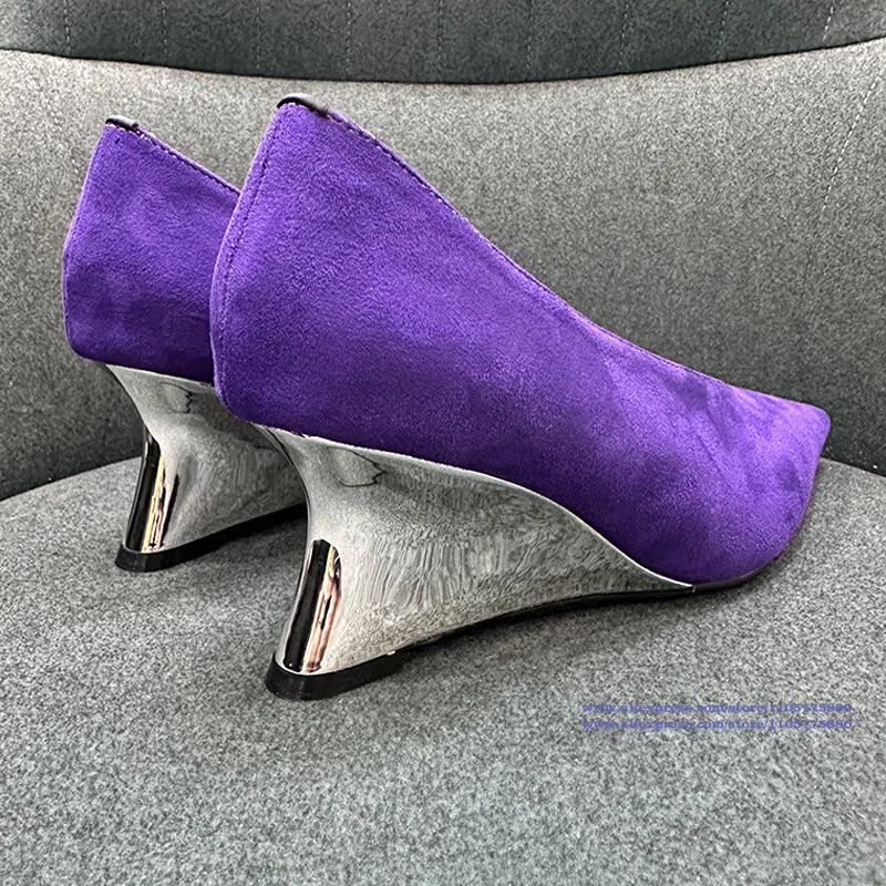 

Yellow Suede Pointed Toe Wedge Heels Metallic Silver Heel Pumps High Heels Designer Dress Party Shoes Sandalias De Mujer Verano