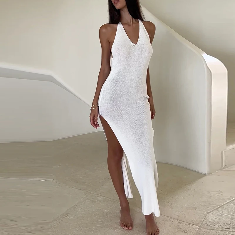 

Elegant Sleeveless Bodycon Tie-up Dress New Summer High Split Solid Color Dress 2025 Sexy Knitted Backless Beach Halter Dresses