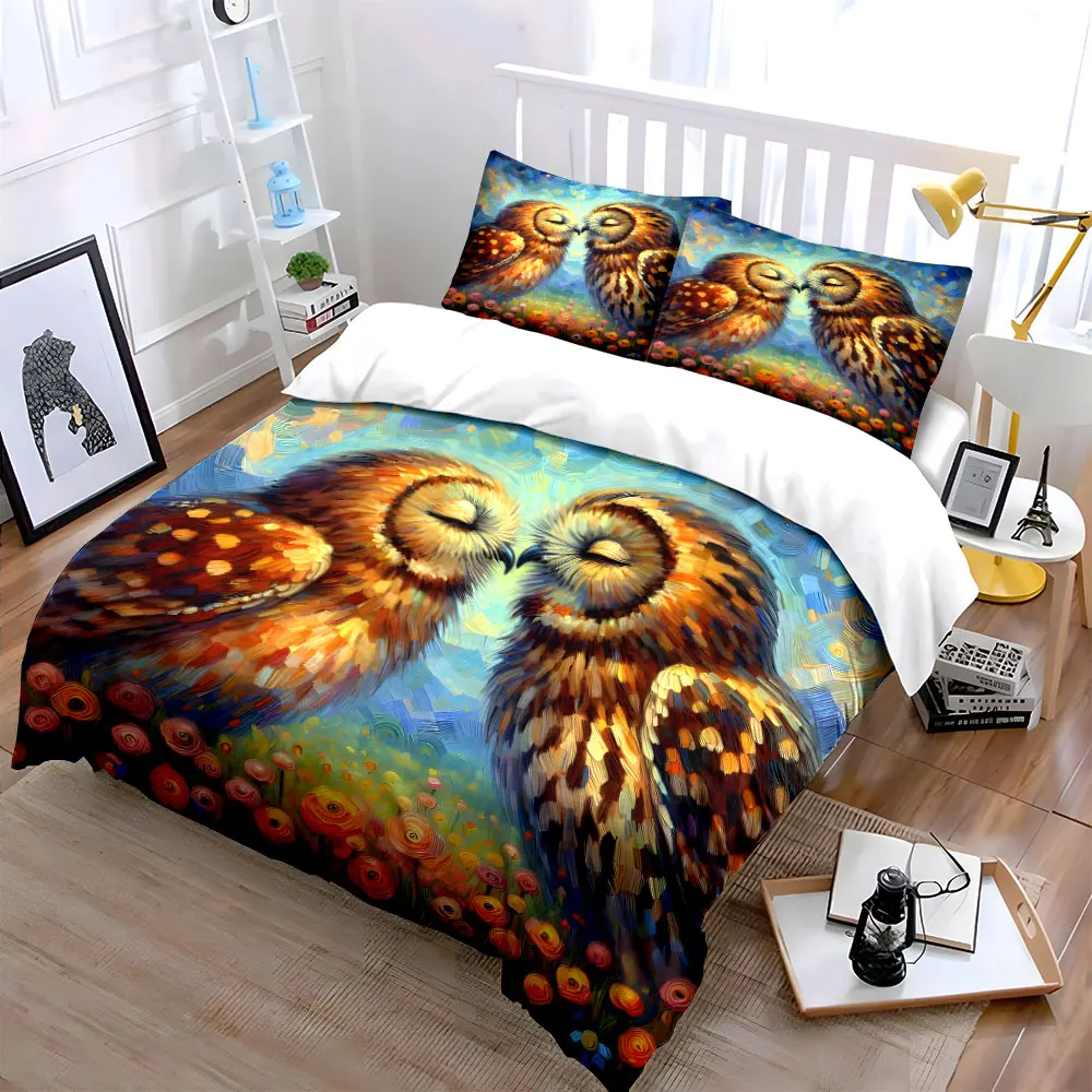 Two owls sharing warmth Printed Duvet Cover Set 1 Duvet Cover+2 Pillowcase Multi Size Bedroom Bedding Decor Machine Washable